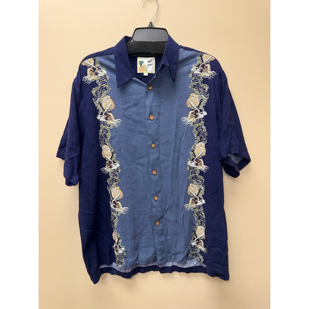 ME Sport Mens Hawaiian Shirt Large Blue Hula Girl Graphic Button Down Aloha L